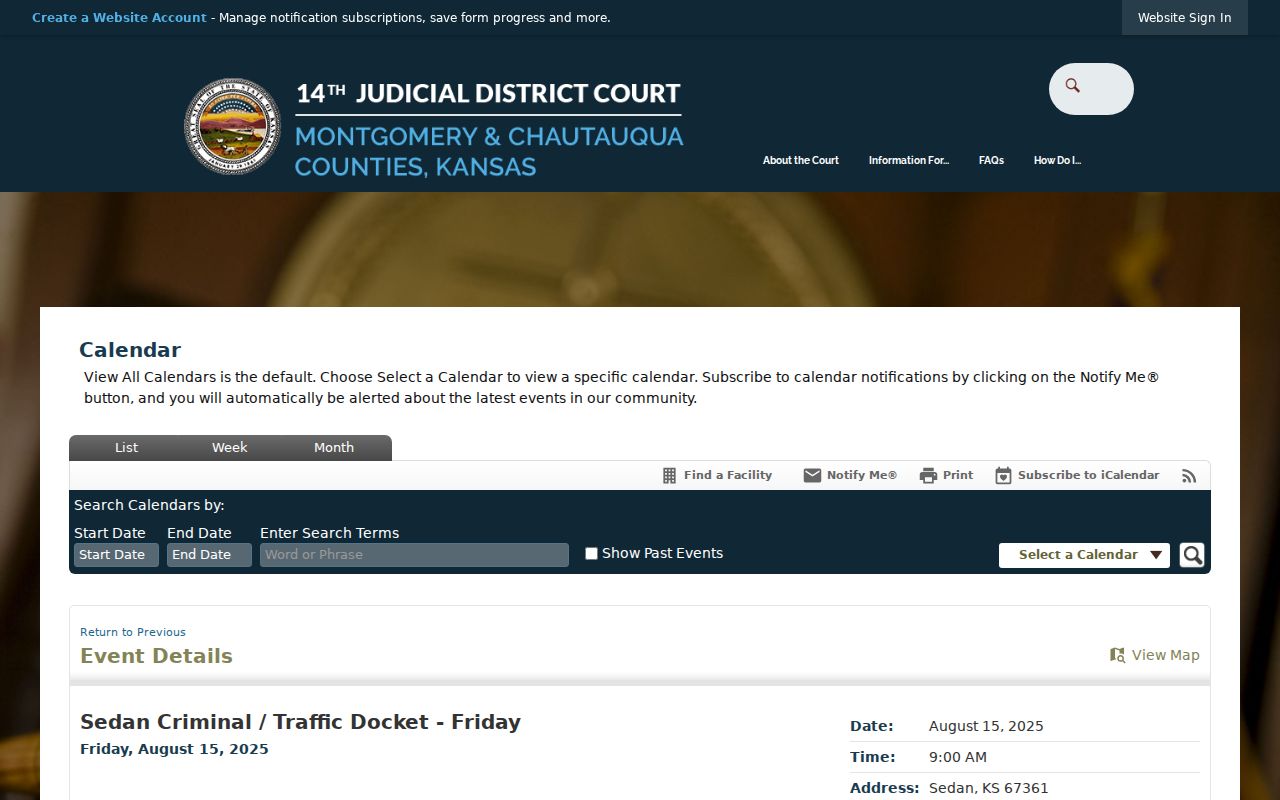 Sample Sedan criminal and traffic calendar event