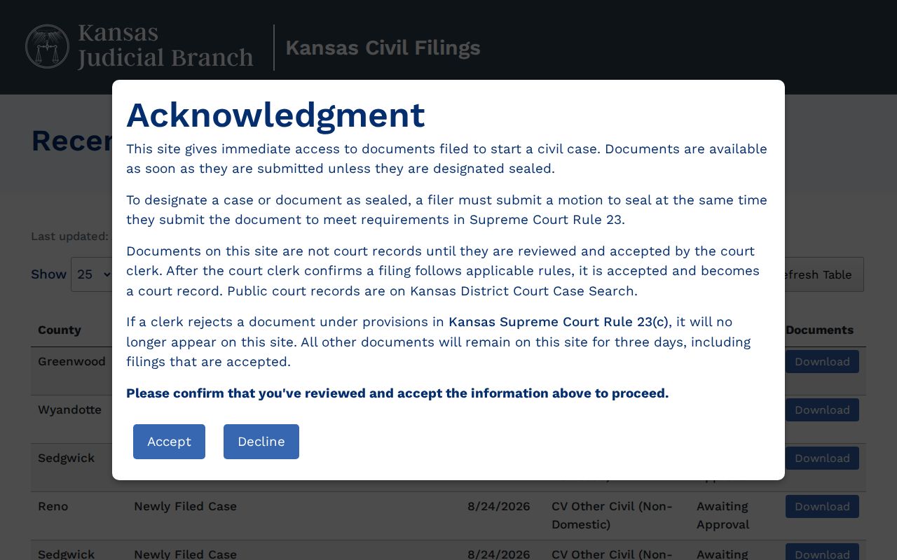 Kansas pre-acceptance civil filings page