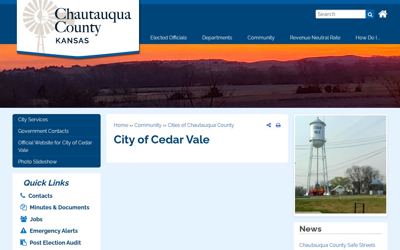 Official Cedar Vale contact page with City Hall information