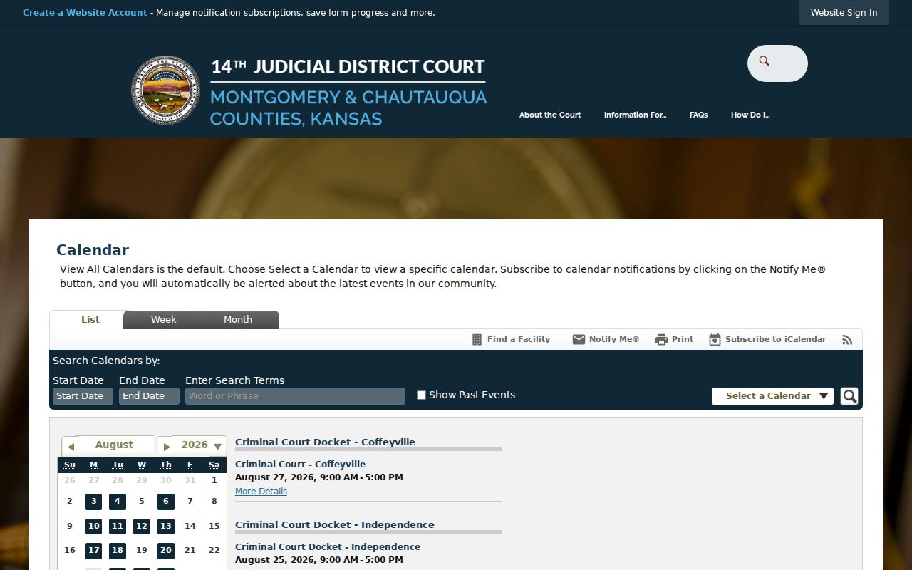 Chautauqua County court calendar and docket categories